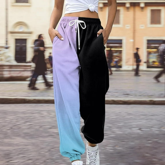 Dyfzdhu Sweatpants for Women Trendy Loose Breathable Colorblocking Casual Pants Side Pockets Leg Opening Drawstring Seasonal Black