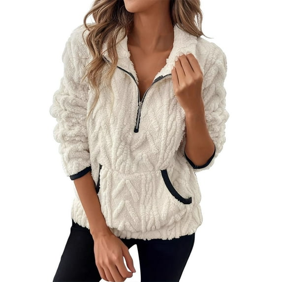 Dyfzdhu Sweatshirt For Women Lapel Half Zipper Plush Pocket Hooded Sweatshirt Hoodies