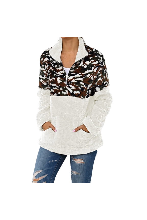 Sweatshirt For Women Leopard Print Sweater Stitching 1/4 Zipper Collar Top Double Fleece Warm Jacket With Pockets Hoodies