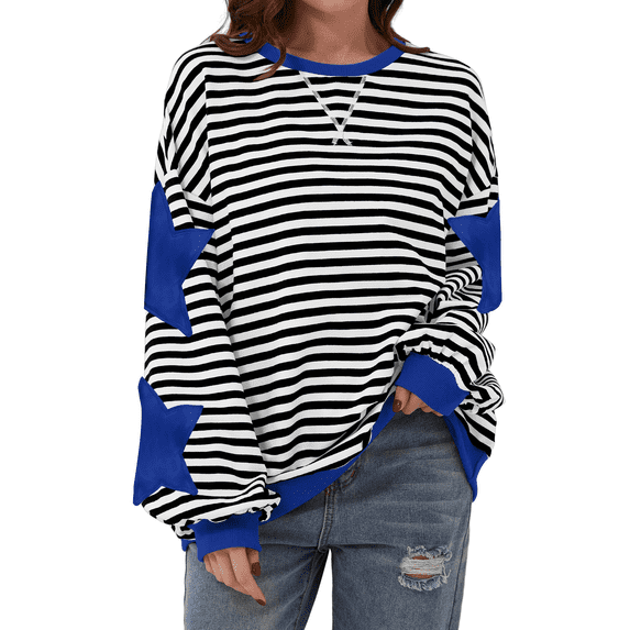 Dyfzdhu Sweatshirt For Women Oversized Sweatshirt For Fall Crewneck Star Striped Top Long Sleeve Preppy Y2K Hoodies Lightweight Hoodies