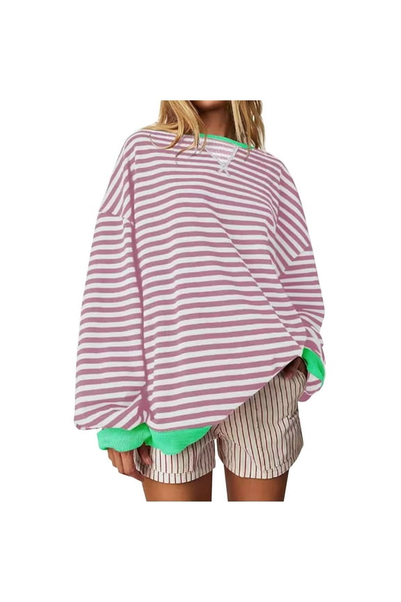 Sweatshirt For Women Casual Minimalist Striped Embroidered Patchwork With Color Insertions Round Neck Pullover And Bottom Hoodie Long Sleeved Regular Hoodies