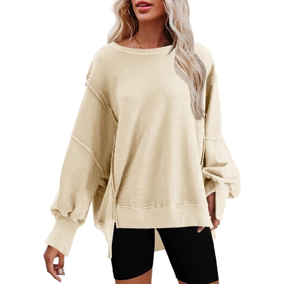 Dyfzdhu Sweatshirts for Women Oversized Crewneck Solid Color Sweatshirt Side Slit Long Sleeve Pullover Slouchy Fit Tops
