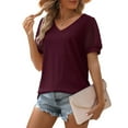 thumbnail image 1 of Dyfzdhu T-Shirt For Women Casual Solid Color T Shirt V Neck Elegant Chiffon Short Sleeve Blouse Top Red Xl, 1 of 8