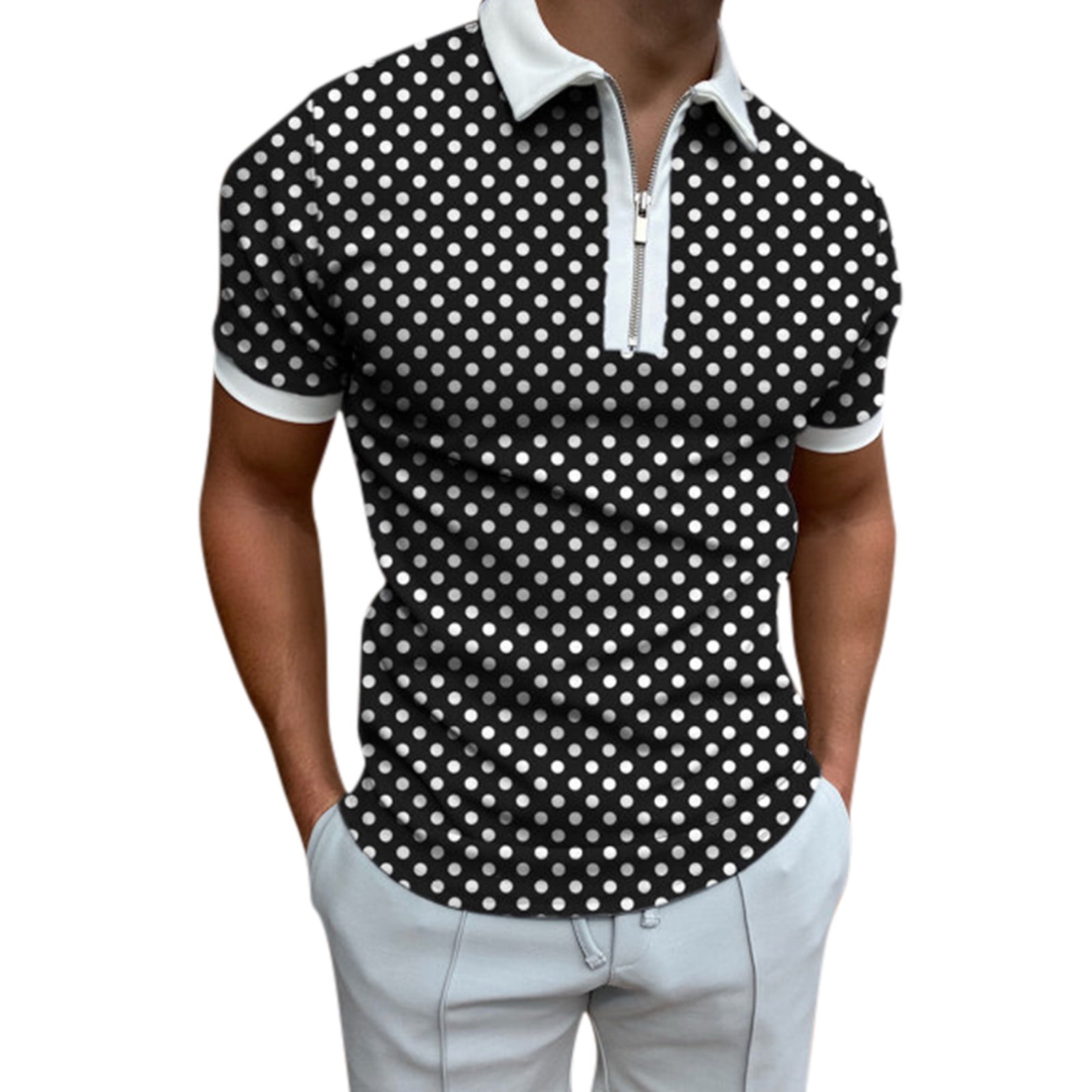 Dyfzdhu T Shirts for Men Polka Dot Print Polos Casual Zipper V Neck