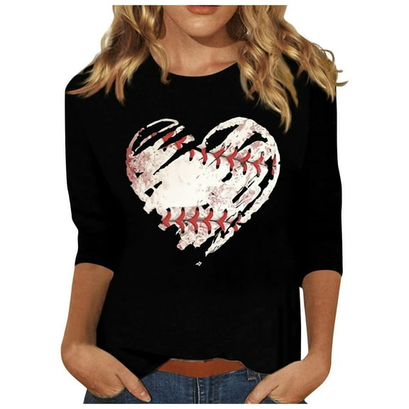 Dyfzdhu T Shirts for Women Baseball Mom Shirt Baseball Heart Graphic Tees Funny 3/4 Sleeve Spring Summer Tunic Tops Black
