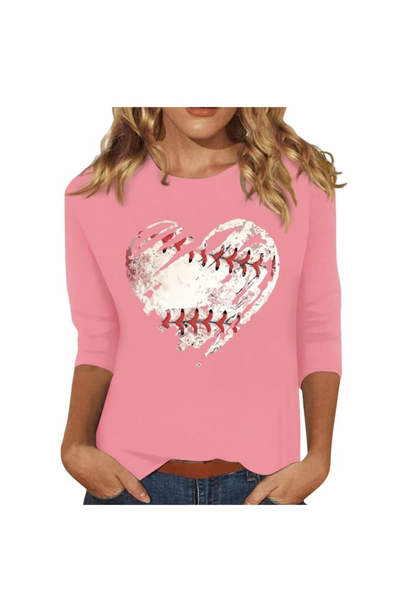 T Shirts for Women Baseball Mom Shirt Baseball Heart Graphic Tees Funny 3/4 Sleeve Spring Summer Tunic Tops Pink