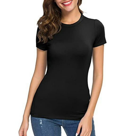Dyfzdhu T Shirts for Women Basic Solid Color Crew Neck Short Sleeve Long Tee Shirt Black