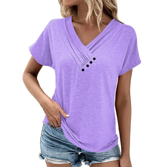 Dyfzdhu T Shirts for Women Casual V Neck Short Sleeve T Shirt Pleated Solid Color Button Top Purple