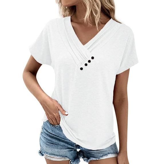 Dyfzdhu T Shirts for Women Casual V Neck Short Sleeve T Shirt Pleated Solid Color Button Top White