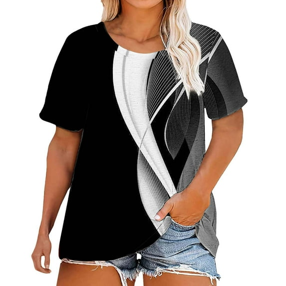 Dyfzdhu T Shirts for Women Floral Printed Plus Size Round Neck Short Sleeve T Shirt Women; Summer Loose Casual Top. Graphic Tees Black