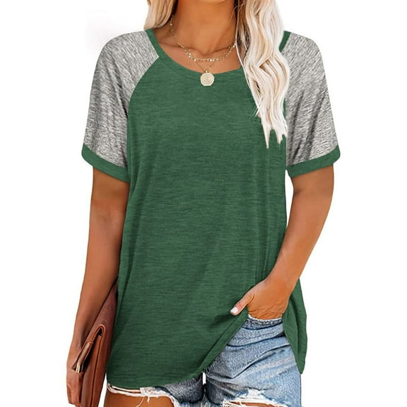 Dyfzdhu T Shirts for Women Plus Size Color Block Tops Loose Tunics Tee Short Sleeve Green