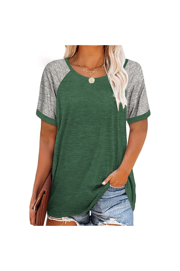 T Shirts for Women Plus Size Color Block Tops Loose Tunics Tee Short Sleeve Green
