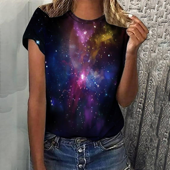 Dyfzdhu T Shirts for Women Plus Size Trendy Galaxy Print Short Sleeve Crew Neck Loose Tops Summer Teenager Girls Graphic Tees Black