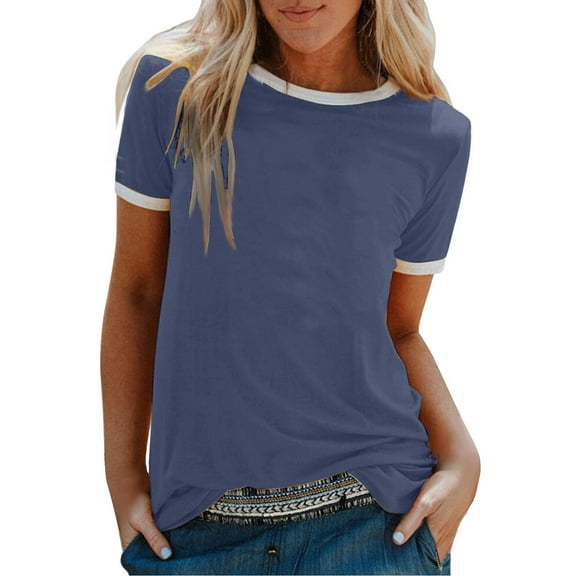 Dyfzdhu T Shirts for Women Short Sleeve Crew Neck Summer Tops Loose Casual Basic Tee Plain Shirt Blue