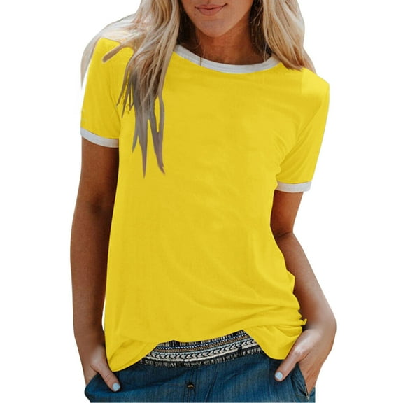 Dyfzdhu T Shirts for Women Short Sleeve Crew Neck Summer Tops Loose Casual Basic Tee Plain Shirt Yellow