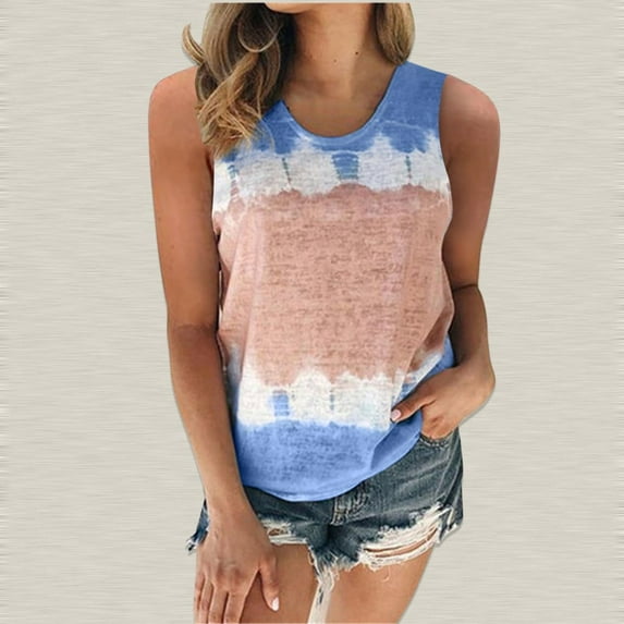 Dyfzdhu Tank Tops for Women Plus Size Casual Tie Dye Crew Neck Tank Top Tunic Sleeveless T Shirts Blue