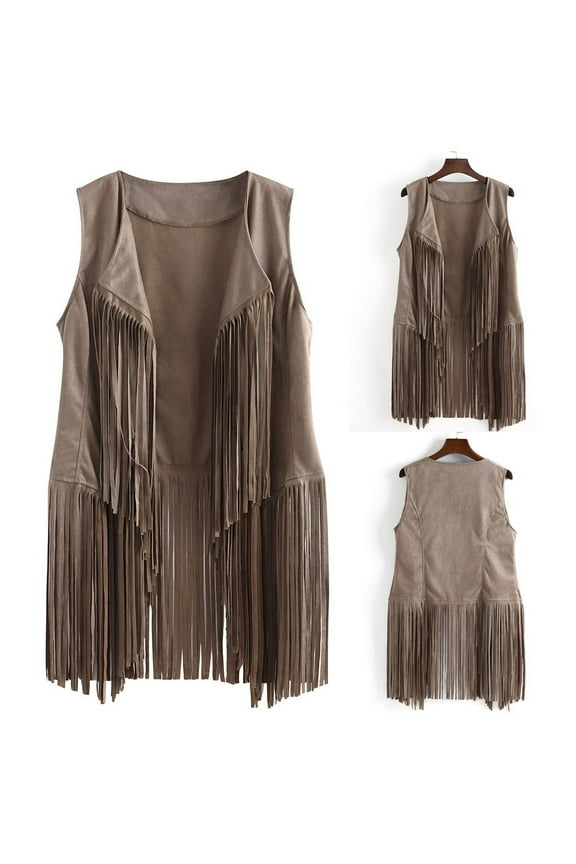 Tassel Vest For Women Slim And Sleeveless Motorcycle Jacket Beige
