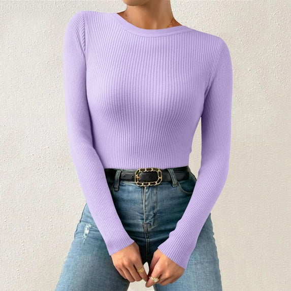 Dyfzdhu Thermal Underwear Top for Women Casual Solid Basic Round Neck Knitwear Slim Long Sleeve T Shirts Purple