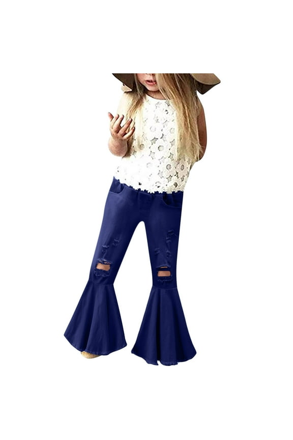Toddler Girls Bell Bottom Jeans Ripped Solid Ruffles Flare Leg Denim Pants For Kids 1-6Y
