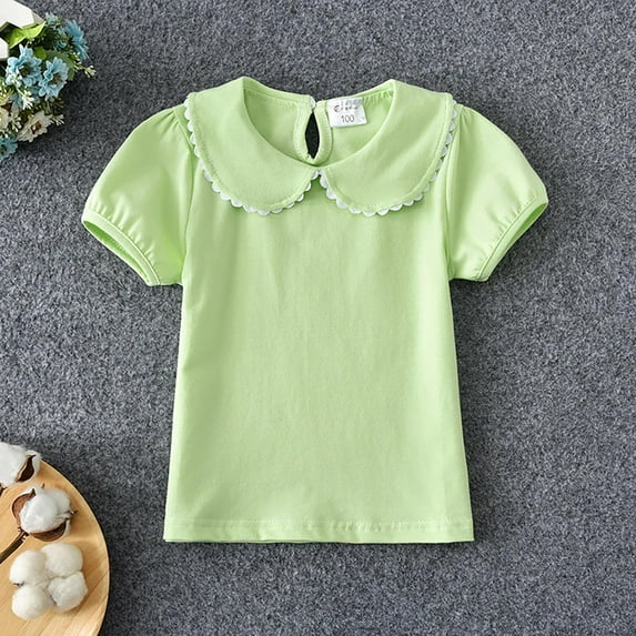 Dyfzdhu Toddler Girls Summer T-shirt Short Sleeve Lapel Solid Color Top for 3M-6Y