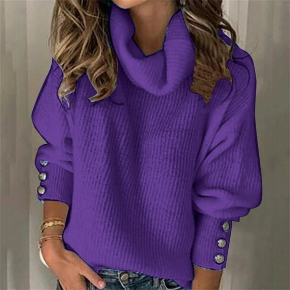 Dyfzdhu Turtleneck Sweaters for Women Plus Size Trendy Solid Color Button Long Sleeve Knit Pullover Sweater Purple