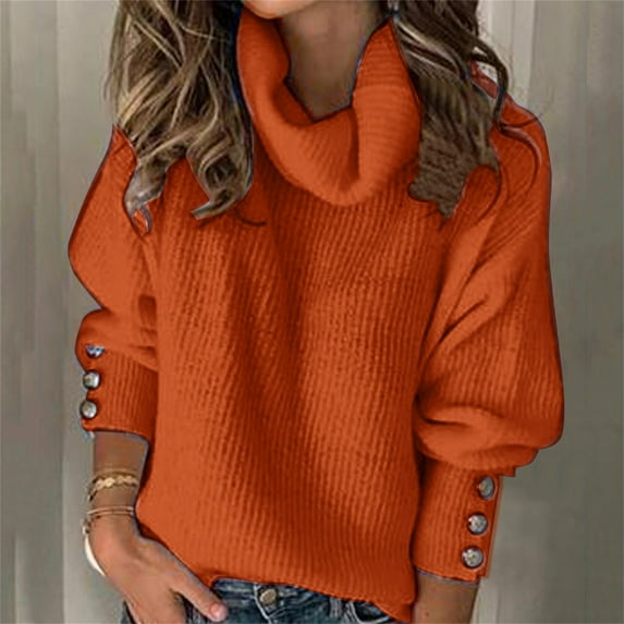 Dyfzdhu Turtleneck Sweaters for Women Plus Size Trendy Solid Color Button Long Sleeve Knit Pullover Sweater Red