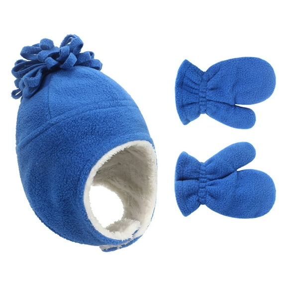 Dyfzdhu Two Piece Winter Fleece Solid Color Warm Children Hat Gloves Blue