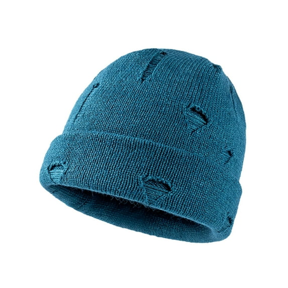 Dyfzdhu Unisex Fashion Casual Ripped Woolen Hat Solid Warm Outdoor Knitted Blue