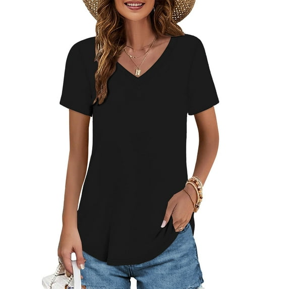 Dyfzdhu V Neck T Shirts for Women Short Sleeve Loose Fit Summer Tops Basic Tee Casual Plain Tshirt S-5XL Black