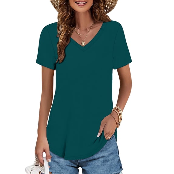 Dyfzdhu V Neck T Shirts for Women Short Sleeve Loose Fit Summer Tops Basic Tee Casual Plain Tshirt S-5XL Dark Green