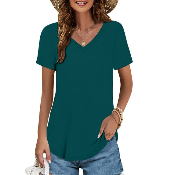 Dyfzdhu V Neck T Shirts for Women Short Sleeve Loose Fit Summer Tops Basic Tee Casual Plain Tshirt S-5XL Dark Green