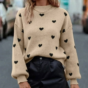 Dyfzdhu Valentine's Day Sweaters for Women Crew Neck Cute Heart Print Long Sleeve Knit Sweater