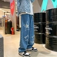 thumbnail image 1 of Dyfzdhu Wide Leg Jeans for Men Trendy Stars Pattern High Street Washed Baggy Loose Denim Pants Streetwear Hip Hop Jeans, 1 of 9