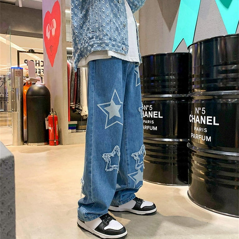 Dyfzdhu Wide Leg Jeans for Men Trendy Stars Pattern High Dyfzdhu Wide Leg Jeans for Men Trendy Stars Pattern High