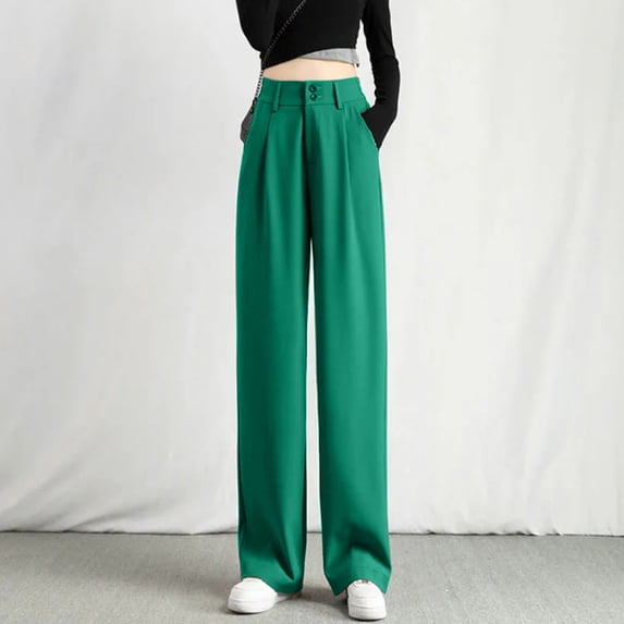 Dyfzdhu Wide Leg Pants for Women Elastic High Waisted Straight Suit Pants Loose Dress Pants With Pockets Green