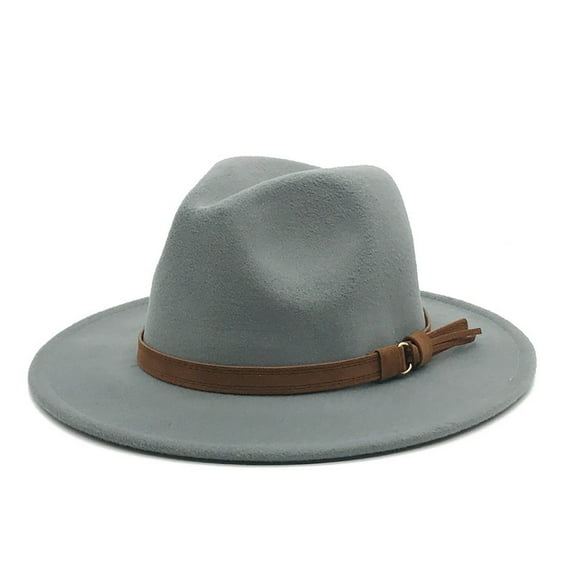 Dyfzdhu Windfall Men & Women Vintage Wide Brim Fedora Hat With Belt Buckle Gray