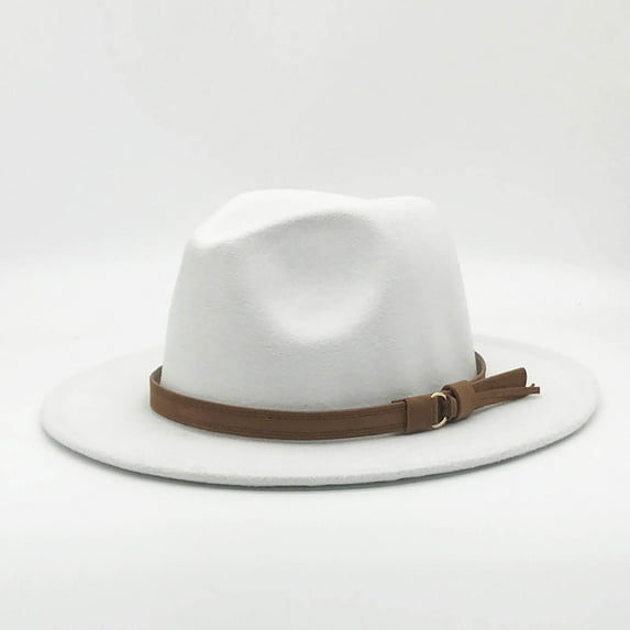 Dyfzdhu Windfall Men & Women Vintage Wide Brim Fedora Hat With Belt Buckle White