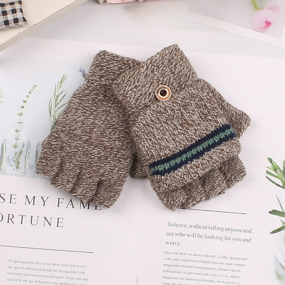 Dyfzdhu Winter Big Children Gloves Half Finger Knit Gloves AB-yarn Boy Gloves Brown