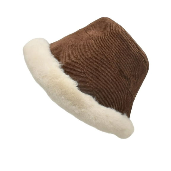 Dyfzdhu Winter Bucket Hats for Women Trendy Solid Fuzzy Fleece Fisherman Cap Outdoor Thick Warm Brown