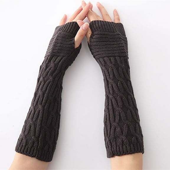 Dyfzdhu Winter Casual Hemp Flowers Fingerless Fashion Knitted Long Gloves Brown