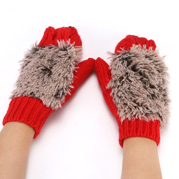 Dyfzdhu Winter Fashion Warm Knitted Gloves Thickened Velvet Head Hedgehog Gloves Red
