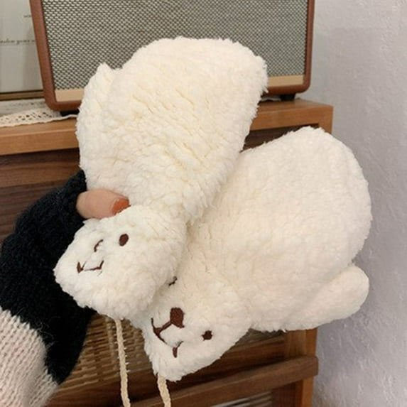 Dyfzdhu Winter Gloves for Women Cute Bear Fuzzy Fleece Braided Rope Thick Thermal Mittens White
