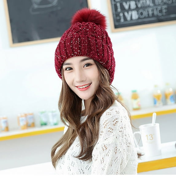 Dyfzdhu Winter Hats for Women Warm Solid Color Velvet Knitted Beanie Hat Red