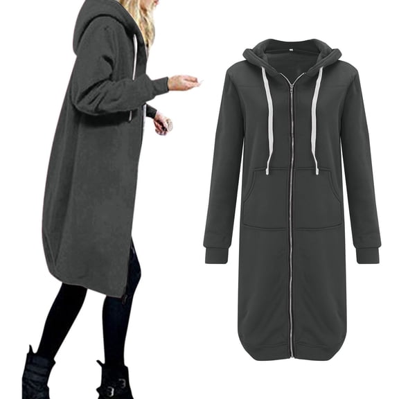 Dyfzdhu Winter Jackets for Women Casual Long Hooded Drawstring Solid Zip Jacket Pockets Zipper Coat Dark Gray