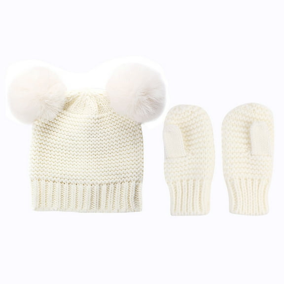 Dyfzdhu Winter Kids Baby Beanie With Mittens Set Boys Girls Warm Hat Glove Two-Piece White