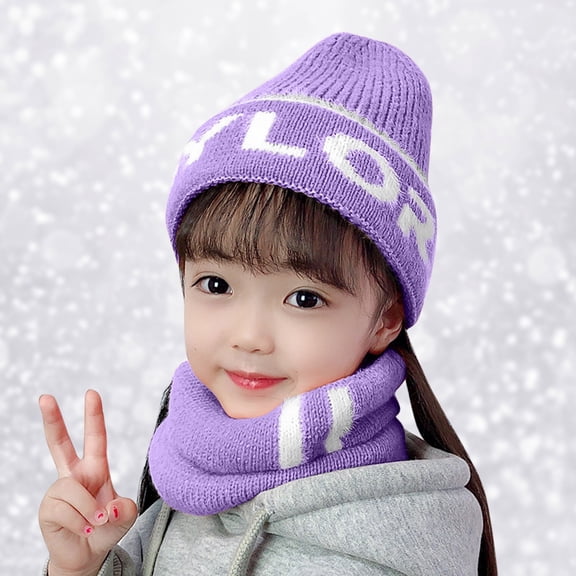 Dyfzdhu Winter Knitted Fleece Hood Scarf Coif Kid Knit Hat Warm Hats Purple