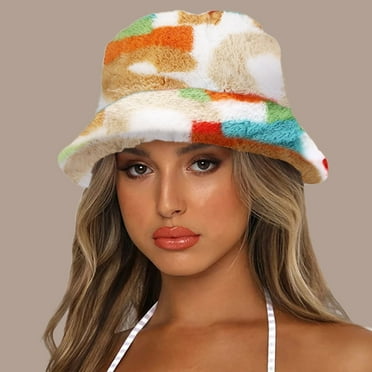 Dyfzdhu Winter Printed Thick Bucket Warm Hat Cap Bucket Hat for Women Men Beige
