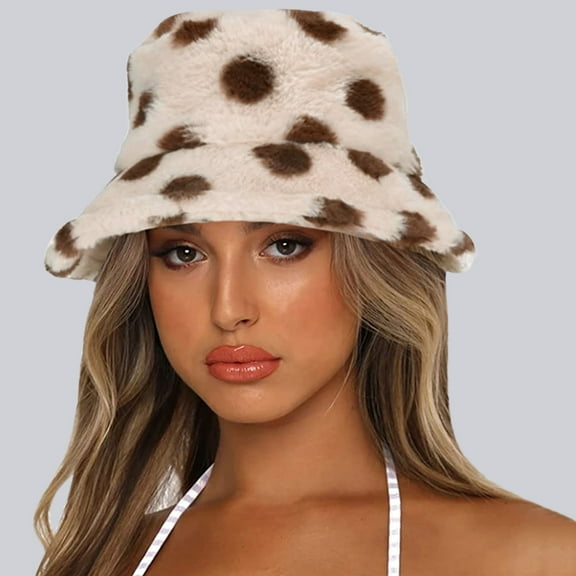 Dyfzdhu Winter Printed Thick Bucket Warm Hat Cap Bucket Hat for Women Men Beige
