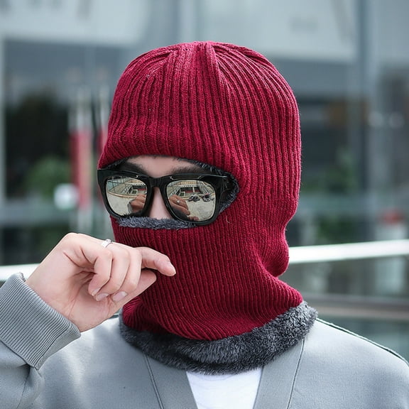 Dyfzdhu Winter Slouchy Thick Beanie Snow Knit Skull Bib Hat Fleece Lining Warm Scarf Red