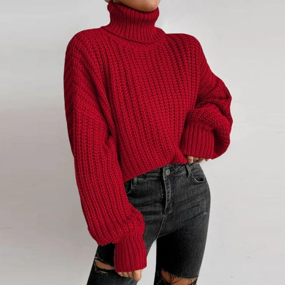 Dyfzdhu Winter Turtleneck Sweaters for Women Trendy Oversized Knitted Solid Color Pullover Sweater